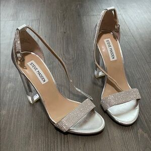 Silver rhinestone Steve Madden klair open toe high clear heels